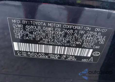 2008 Lexus Es 350 from USA, damaged, VIN JTHBJ46G382169106